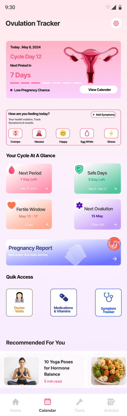Periods and Ovulation Tracker app home screen